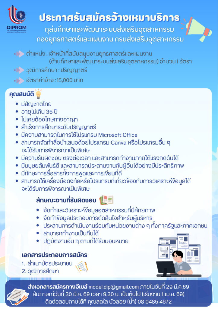 เปิดรับสมัครเจ้าหน้าที่สนับสนุนงานยุทธศาสตร์เเละแผนงาน (ด้านศึกษาเเละพัฒนาระบบส่งเสริมอุตสาหกรรม) จำนวน 1 อัตรา